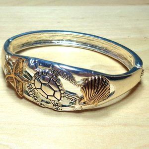 RHODIUM NAUTICAL SILVER TURTLE AND GOLD STARFISH AND SEASHELL SEA LIFE BRACELET